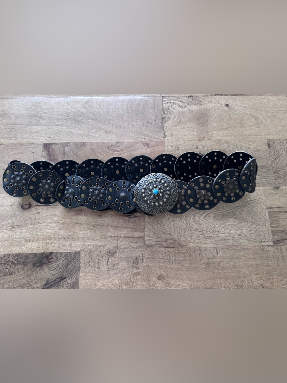 Women's Black Leather Concho Belt with Turquoise Accent